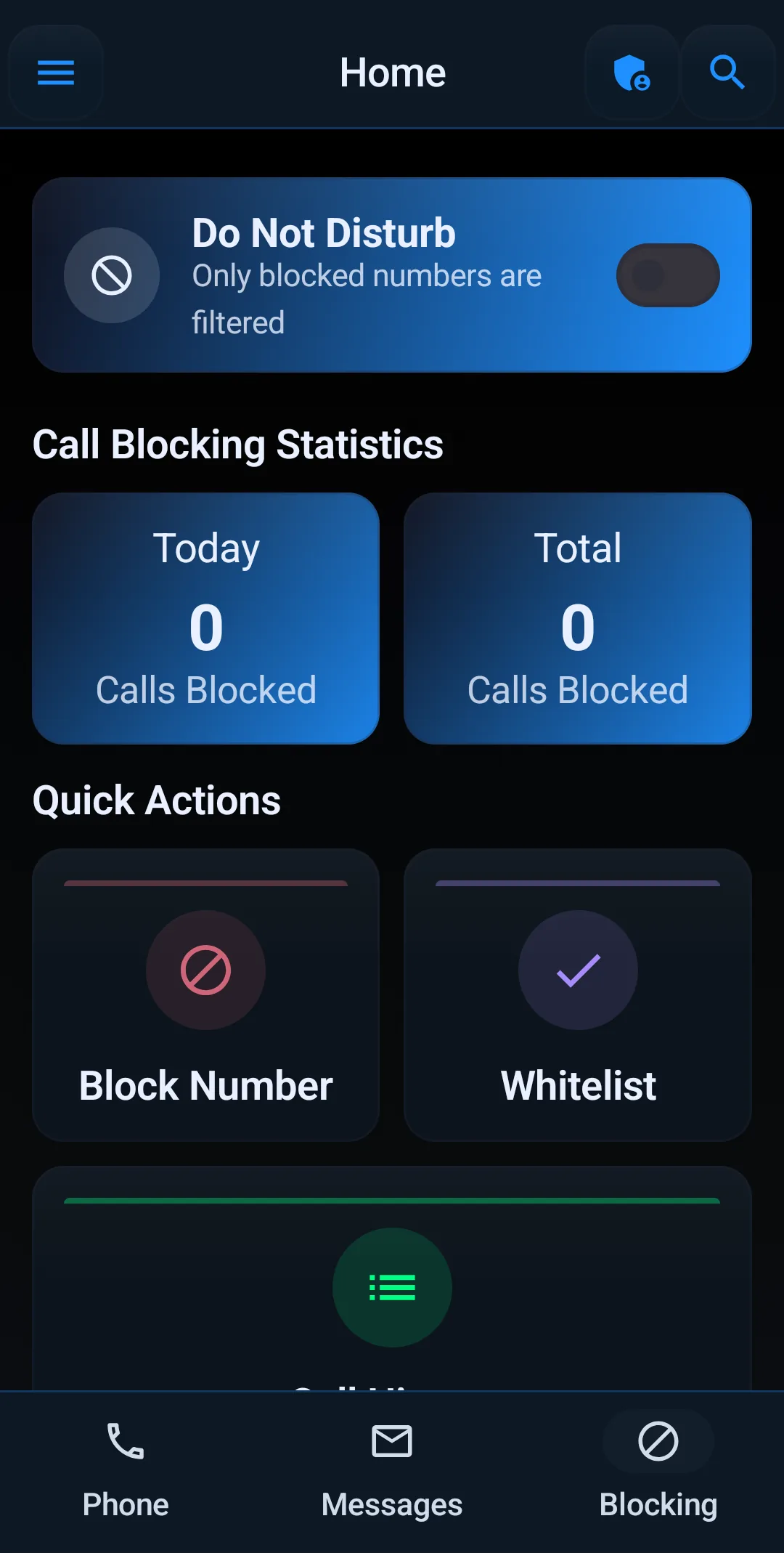 Block Guard home screen with call blocking statistics, blocking rules, and quick actions
