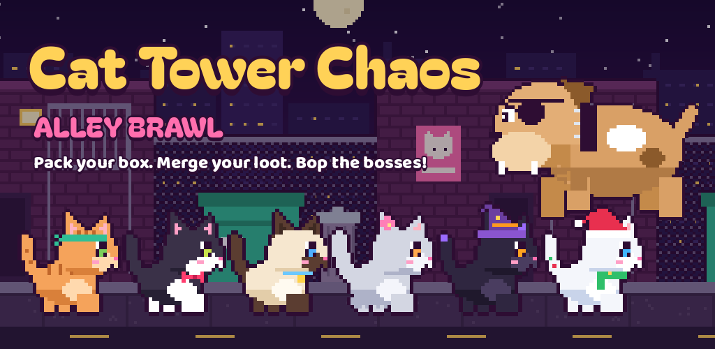 Cat Tower Chaos: Alley Brawl official artwork showing pixel art cats in an alley