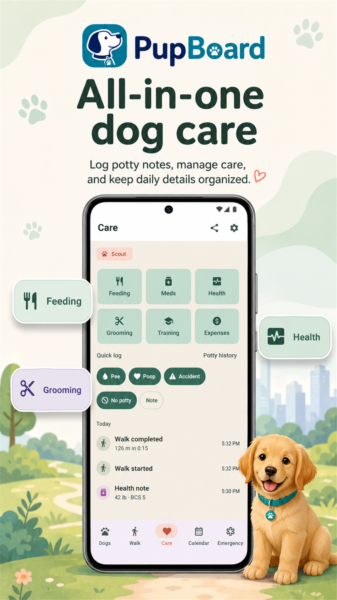 PupBoard promotional artwork showing feeding, medication, grooming, and health tracking