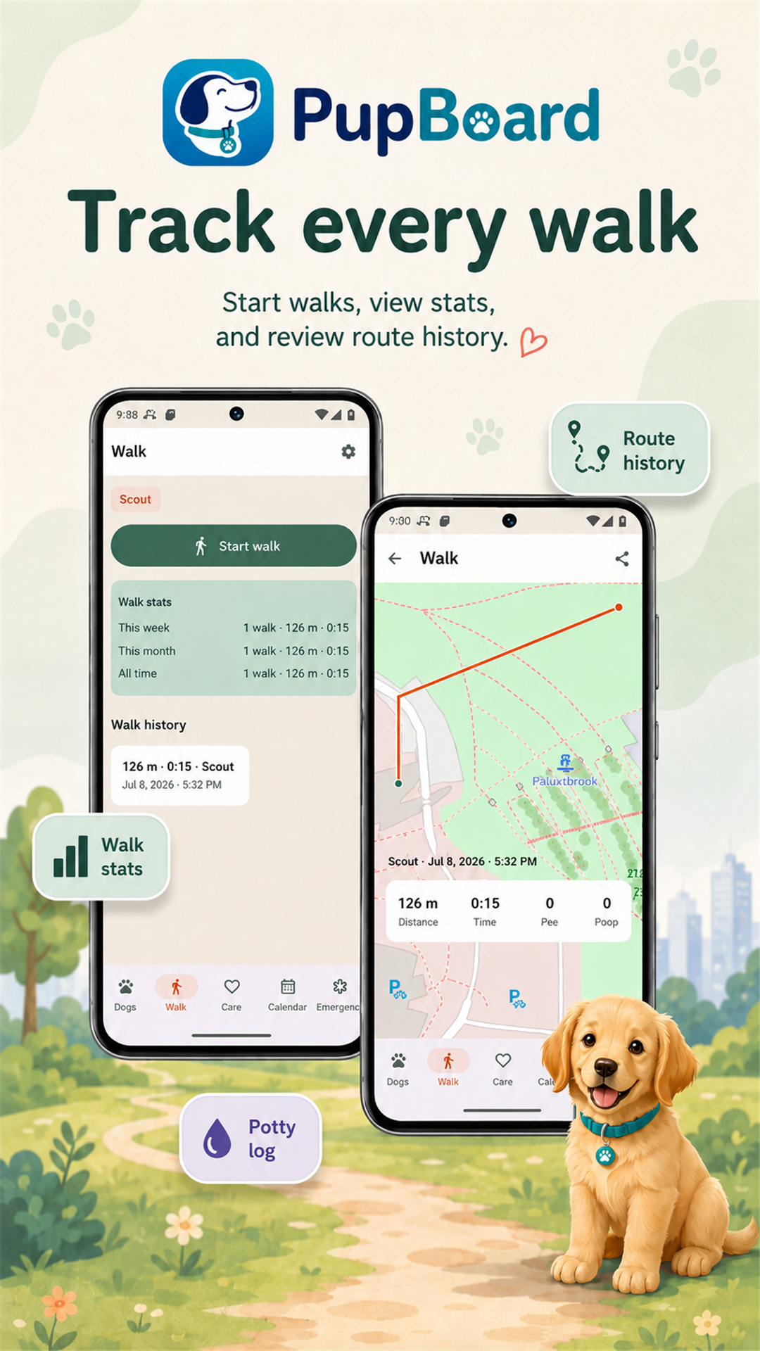PupBoard promotional artwork showing its dog walk tracker